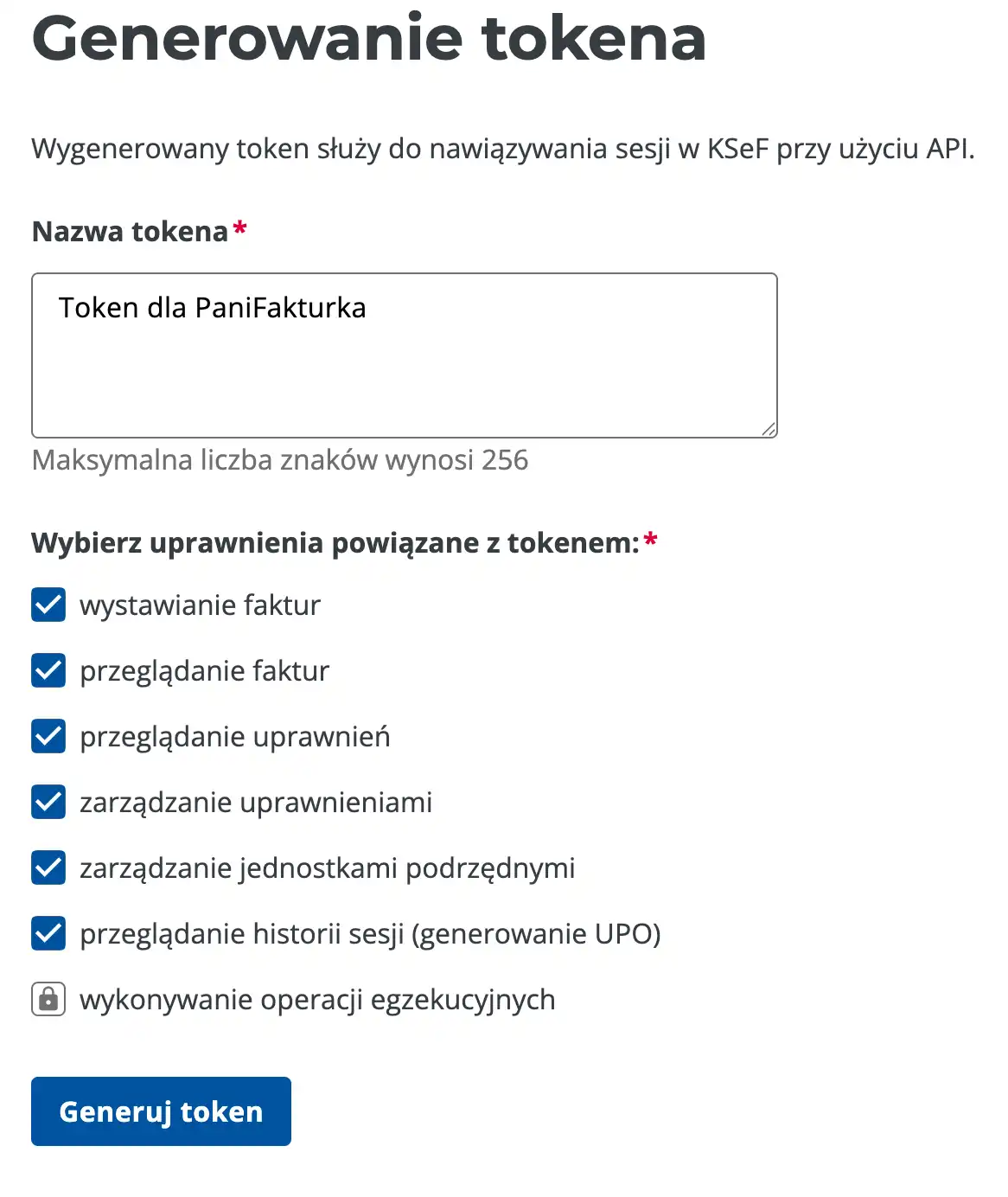 Wprowadzamy własną nazwę tokena i zaznaczamy wszystkie pola uprawnień