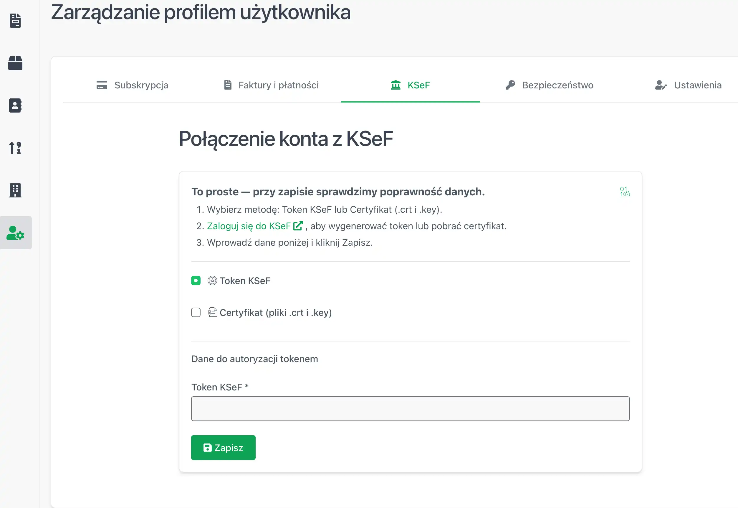 Wprowadzamy Token KSeF do formularza w PaniFakturka