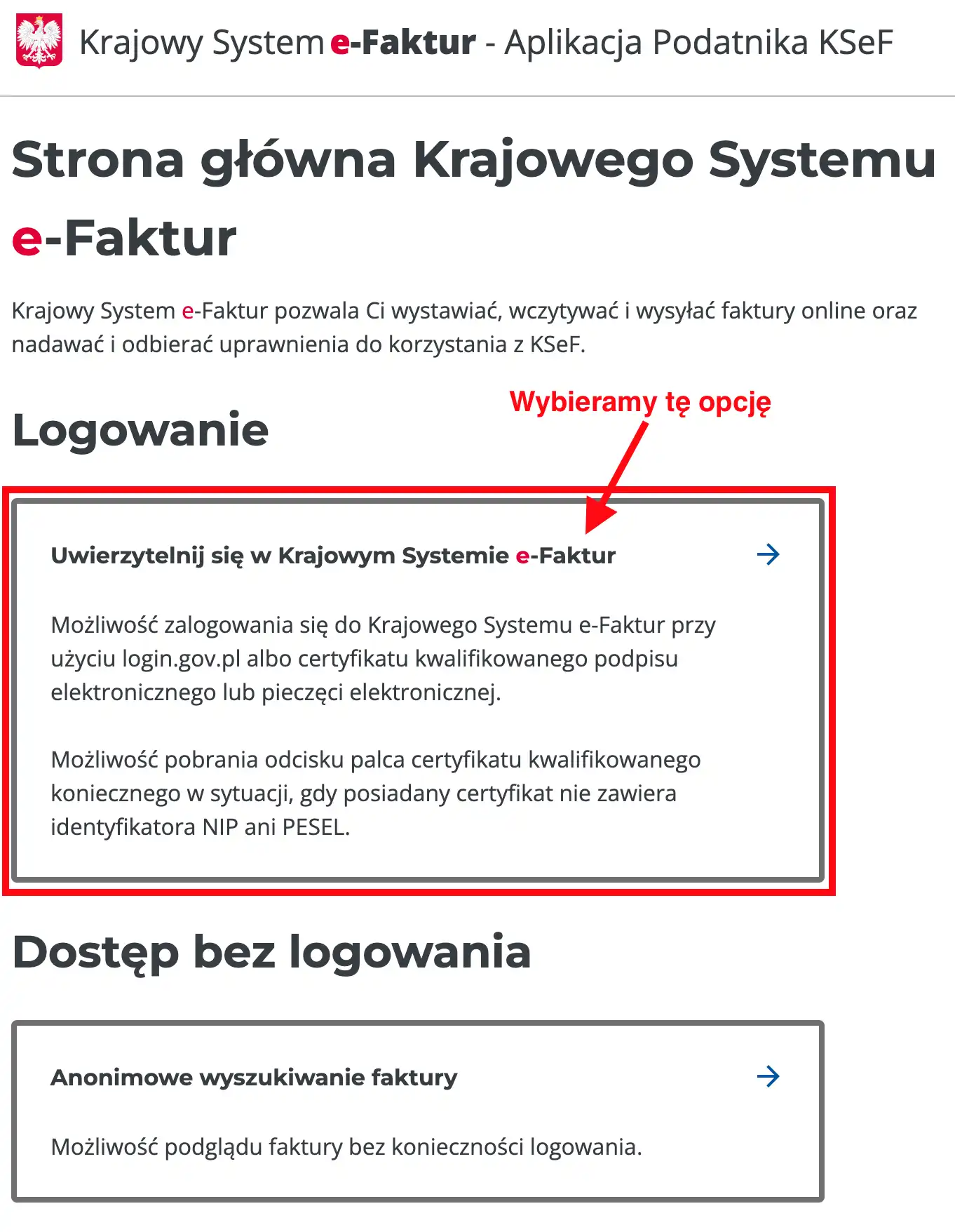 Strona główna Krajowego Systemu e-Faktur - wybieramy "Uwierzytelnij się w Krajowym Systemie e-Faktur"