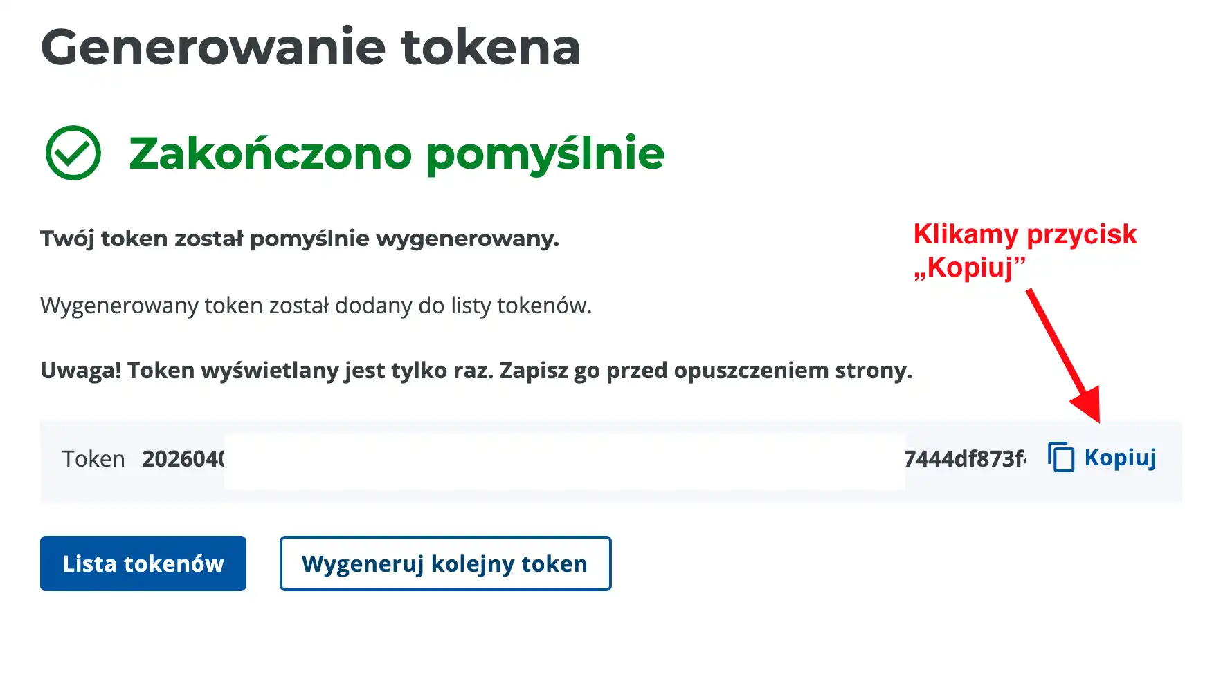 Kopiujemy wygenerowany token do schowka