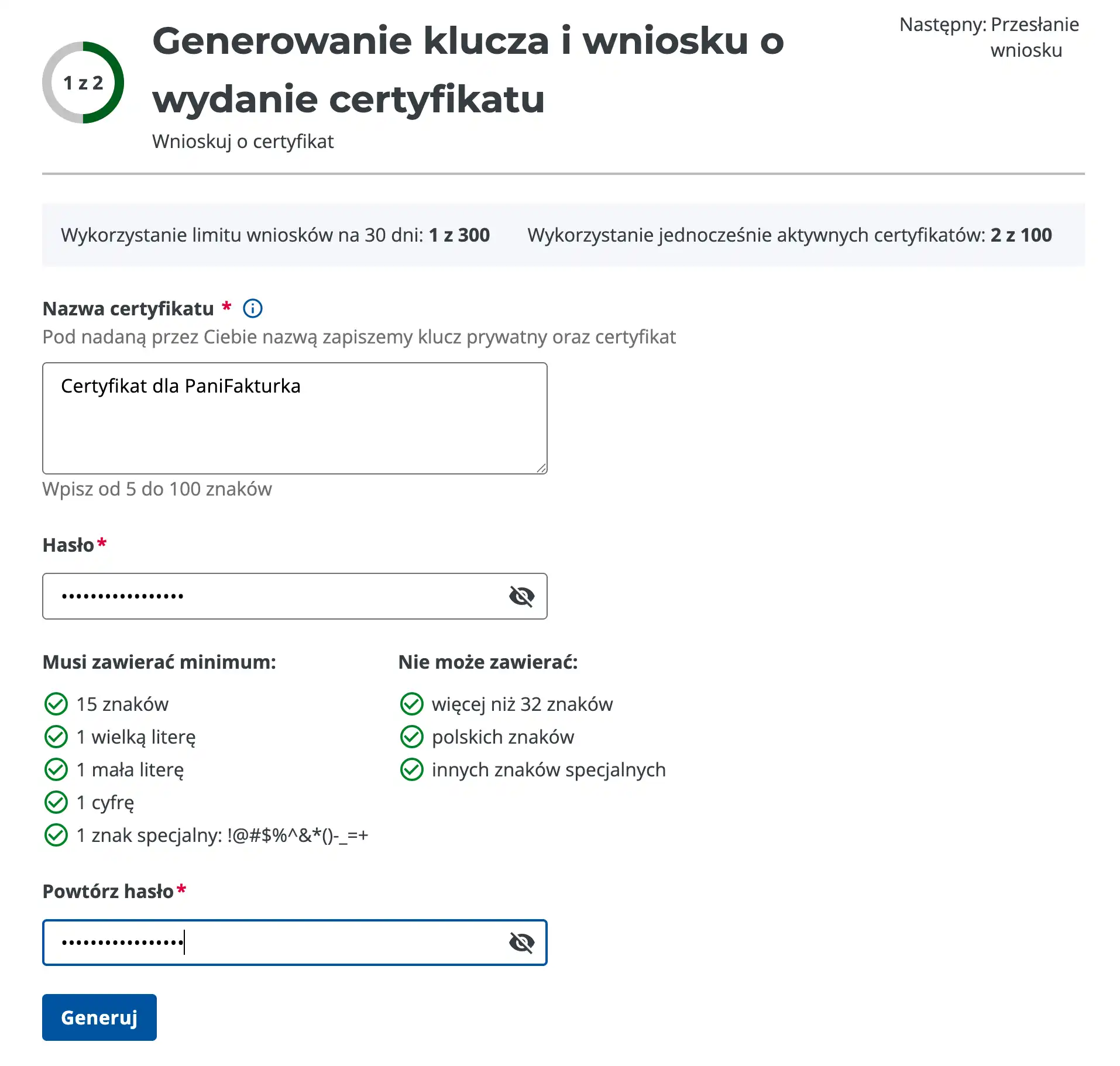 Wprowadzamy nazwę i definiujemy hasło (pamiętamy aby je zachować).