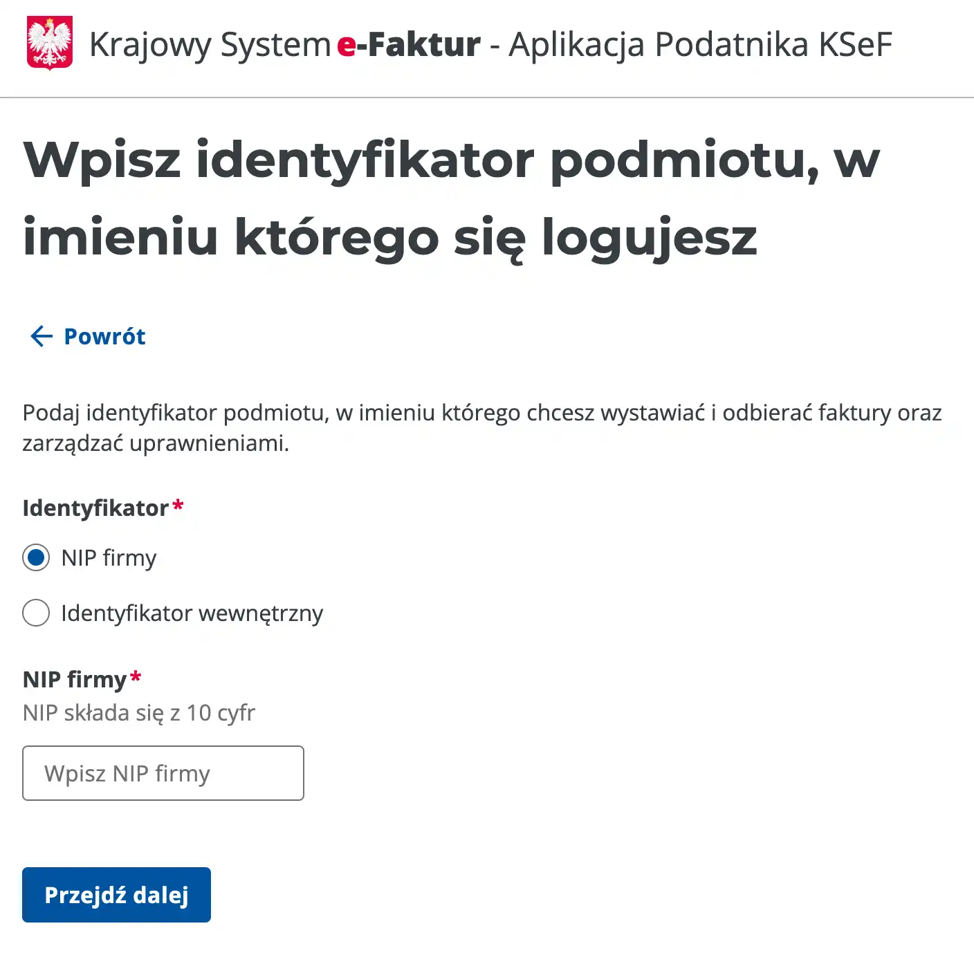 Ekran wprowadzania identyfikatora NIP
