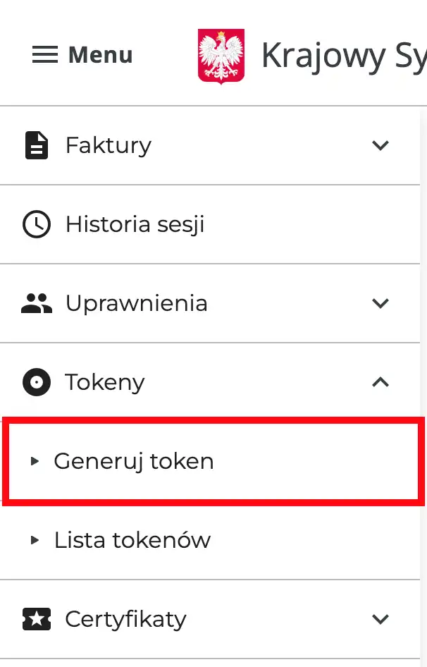 Wybieramy "Generuj token" w menu po lewej