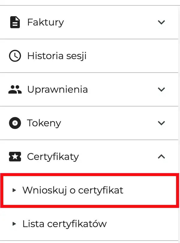 Wybieramy "Wnioskuj o certyfikat" w menu po lewej